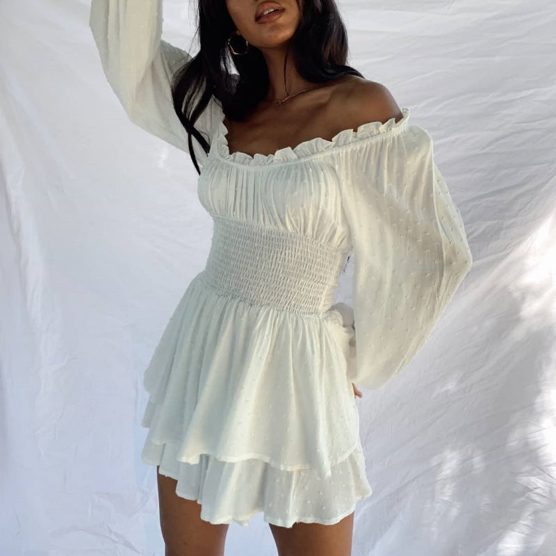 Decoration Shoulder-To-Shoulder Collar Long-Sleeved Dress Waist New High-End Elastic Lantern Sleeve Trousers Woman