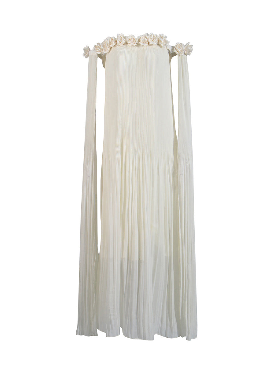 2025 New One-Word Three-Dimensional Flowers Splicing Shoulder Sexy Long Folding Long Folded Skirt Woman