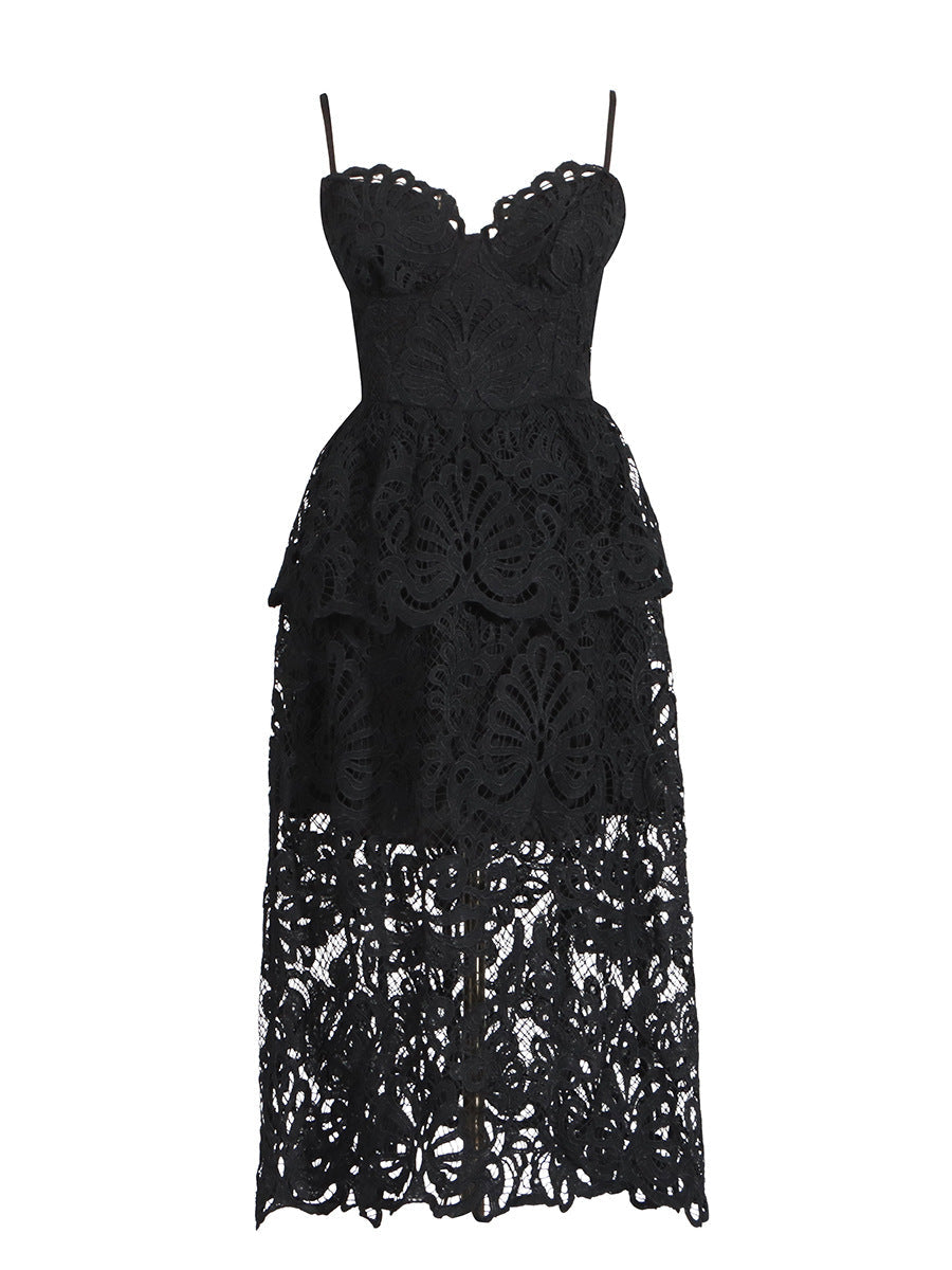 Elegant Wind-Sling Dress 2025 Spring Hollow Embroidered Water-Soluble Flower High-Waisted Bra Dress Female