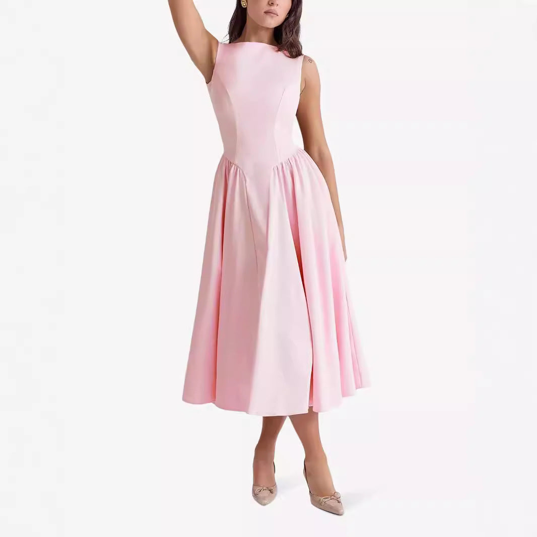 Summer Women's New French Dew Solid Color Premium Holiday Dress