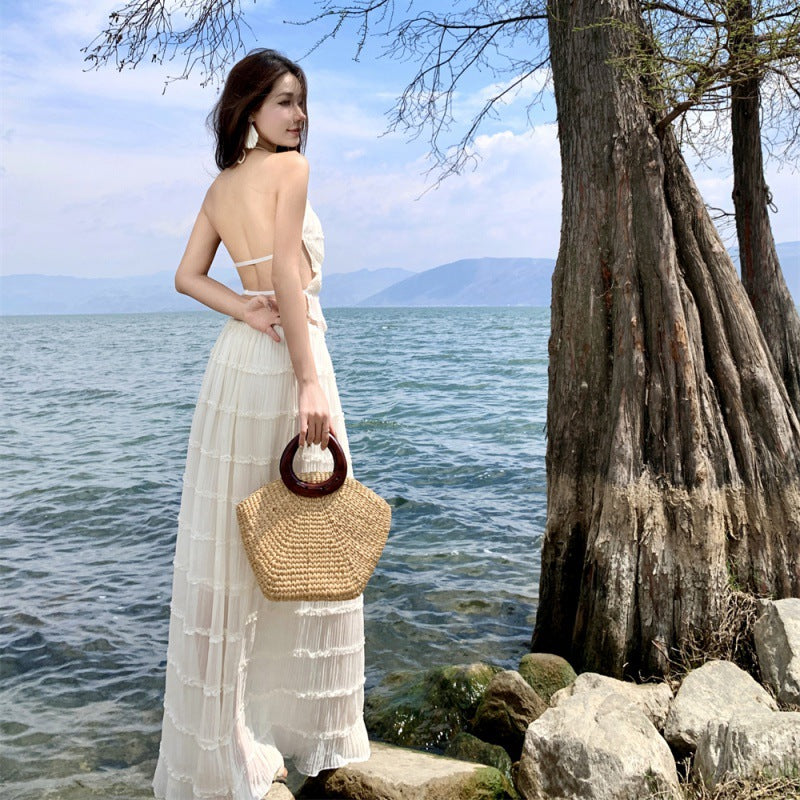 Dress Niche Design Hanging Neck Sling Sling Vest Holiday Wrinkled Half-Dress Suit