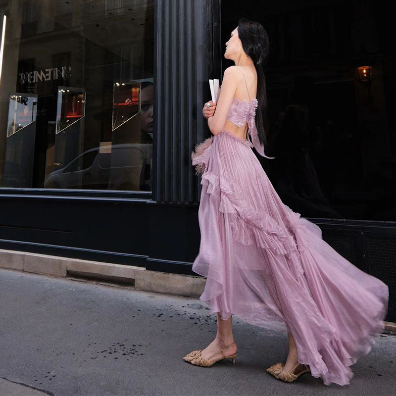 Summer New Net Red With The Same Purple Bare Back Strap Irregular Dress Seaside Vacation Sling Skirt