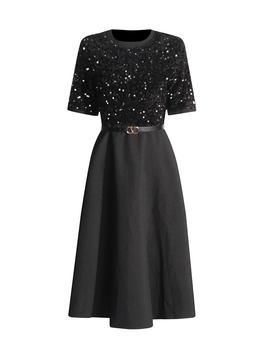 Elegant Wind 2025 Summer New Heavy Industry Embroidery Beads Design Fake Two Waist Dress Dress Dress