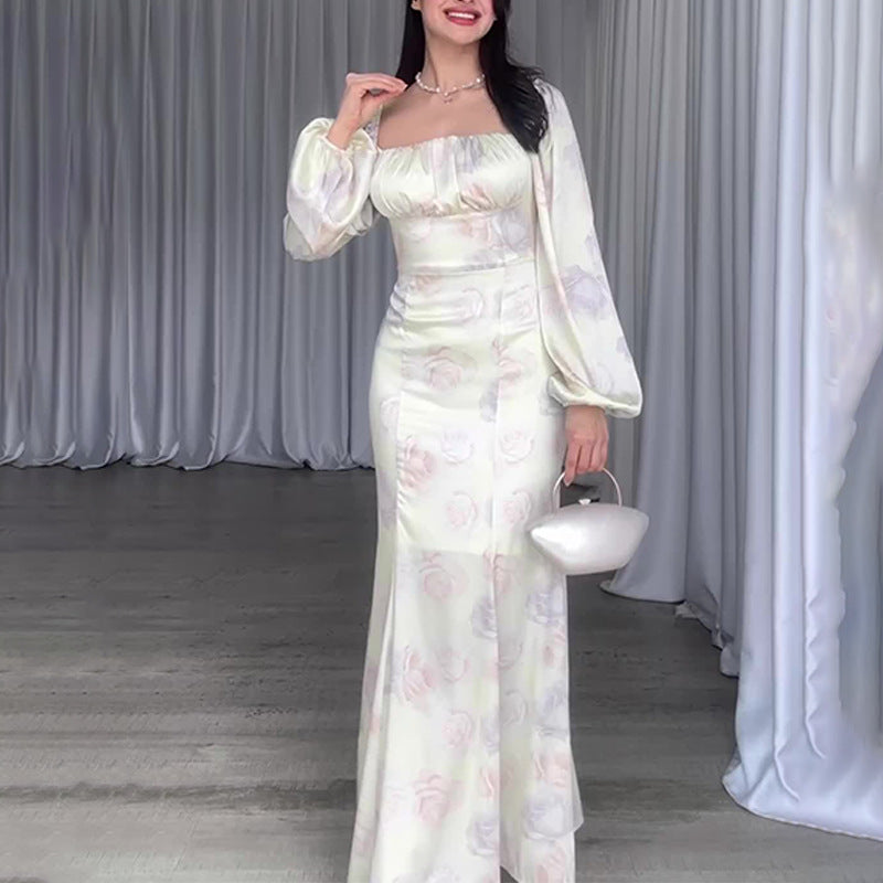 Women's Autumn French Style Collar Lantern Sleeve High-Waisted Body-Body-Cuffed Kite Skirt