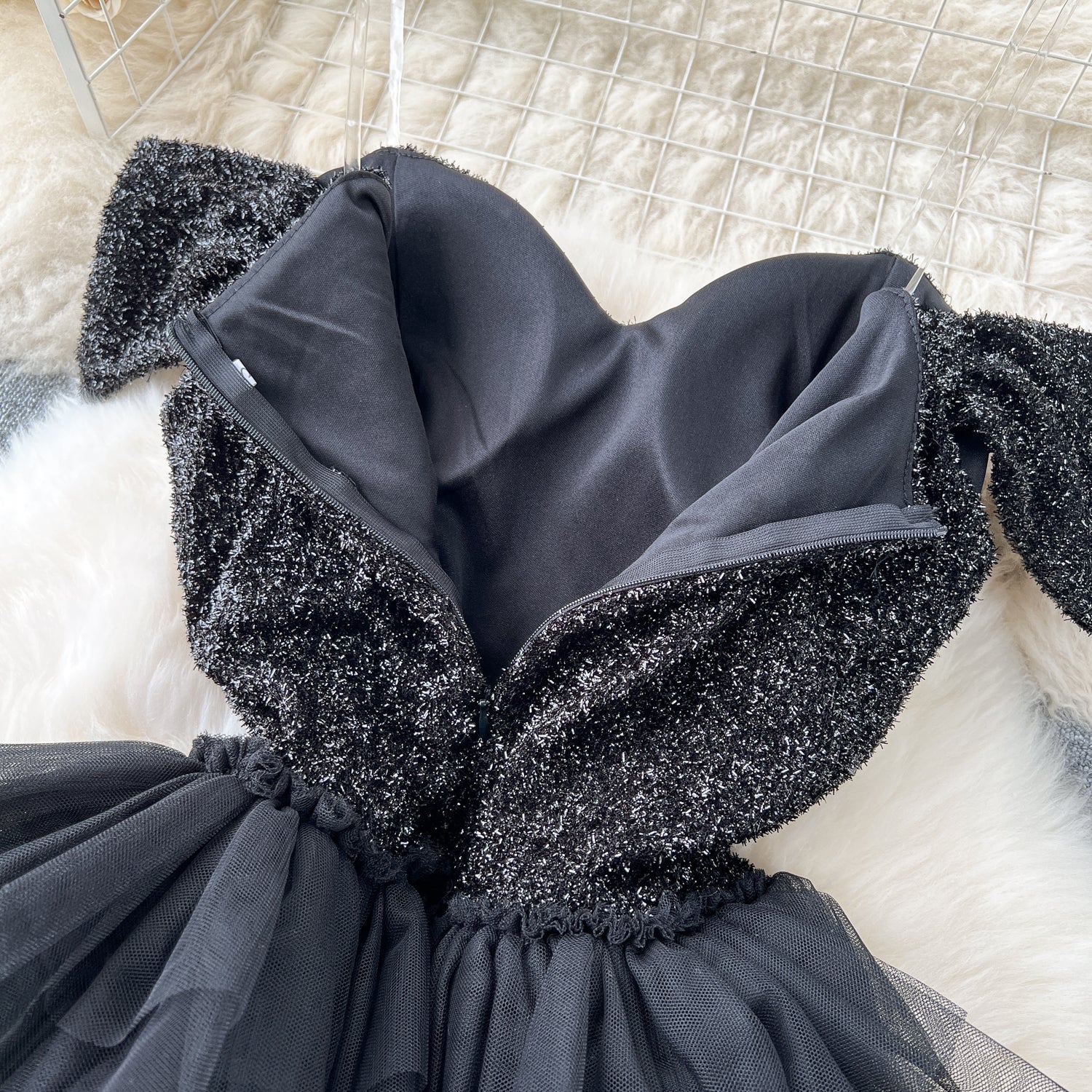 A line Off The Shoulder Tulle Short Sleeves Black Tulle Holiday Dresses Ruffles Women Dress SD1269