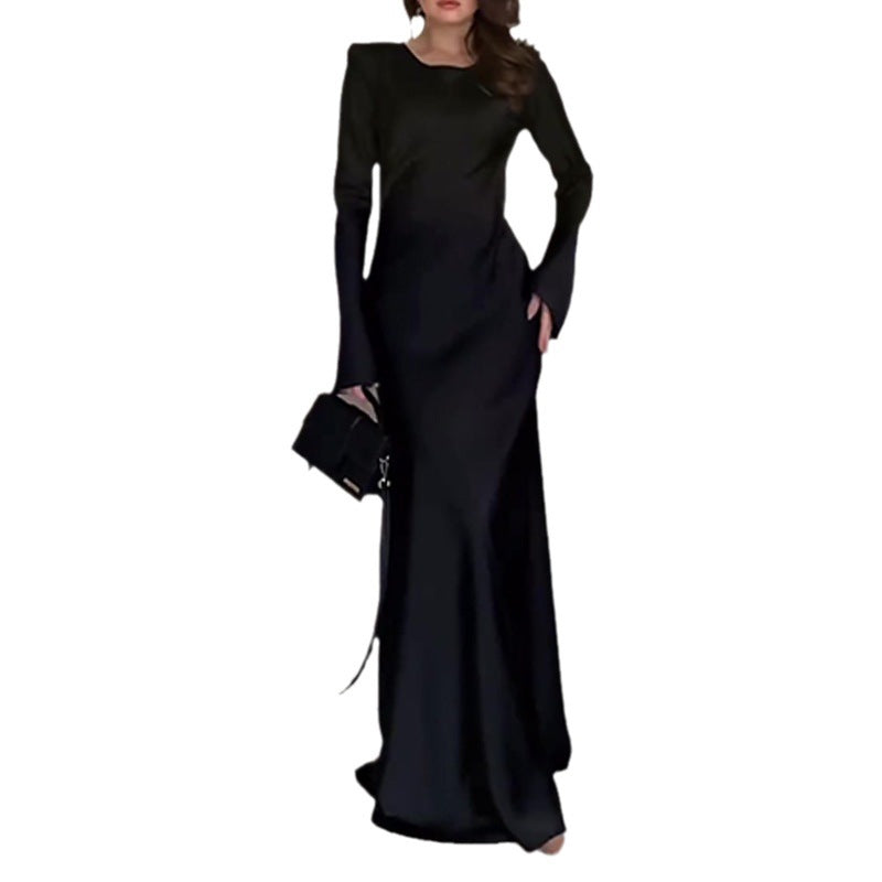 Women's Round-Neck High-Rise Long Dress Micro-Horn Sleeve Slimming-Bum-Bum-Bum Dress