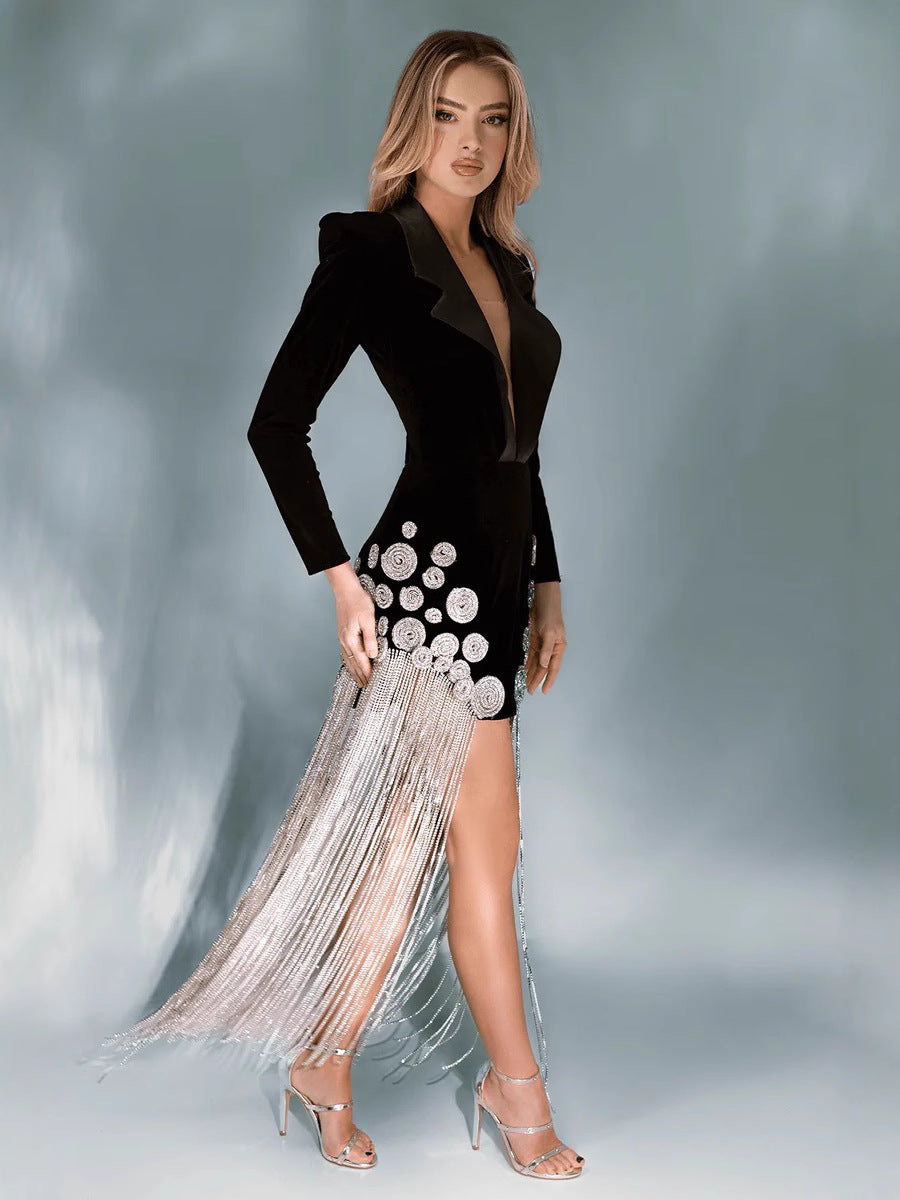 A Drill Sue Sexy Deep V-Neck Sue Black Tling Dress Beautiful Premium Evening Dress