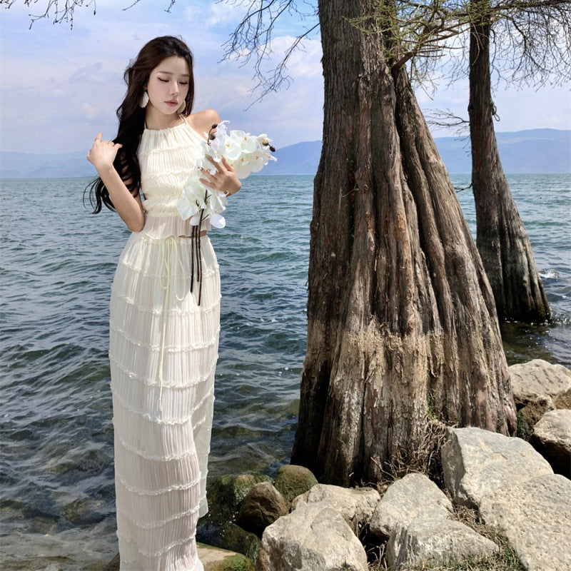 Dress Niche Design Hanging Neck Sling Sling Vest Holiday Wrinkled Half-Dress Suit