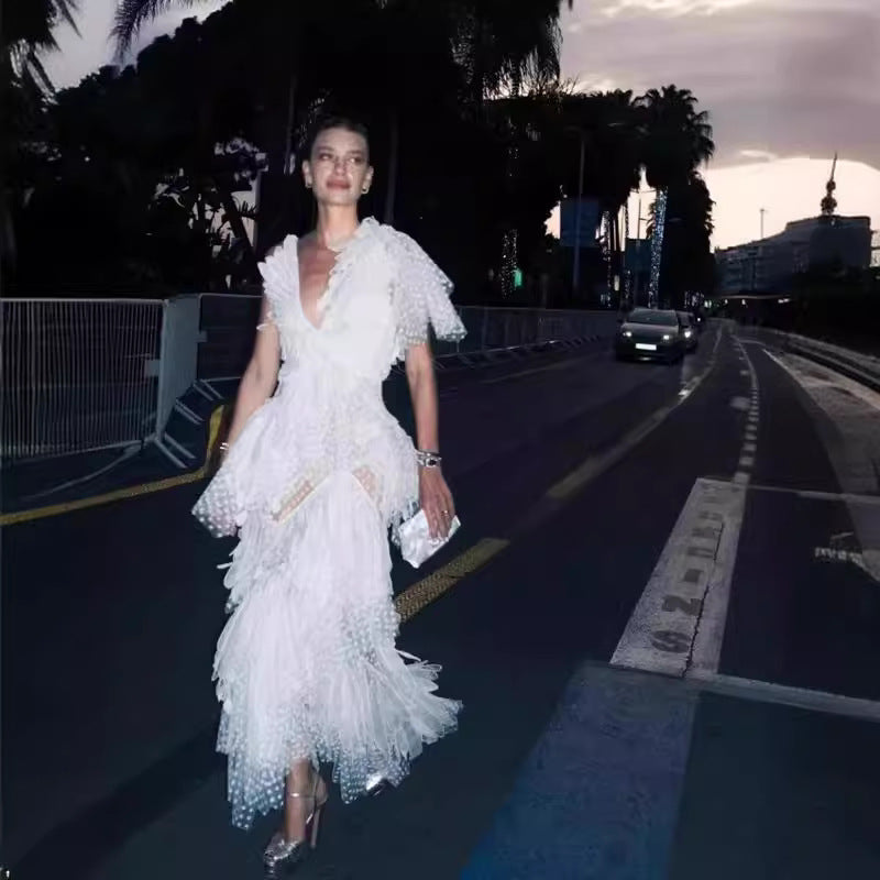 2025 White Feathers Hollow V-Necked Dress 9009