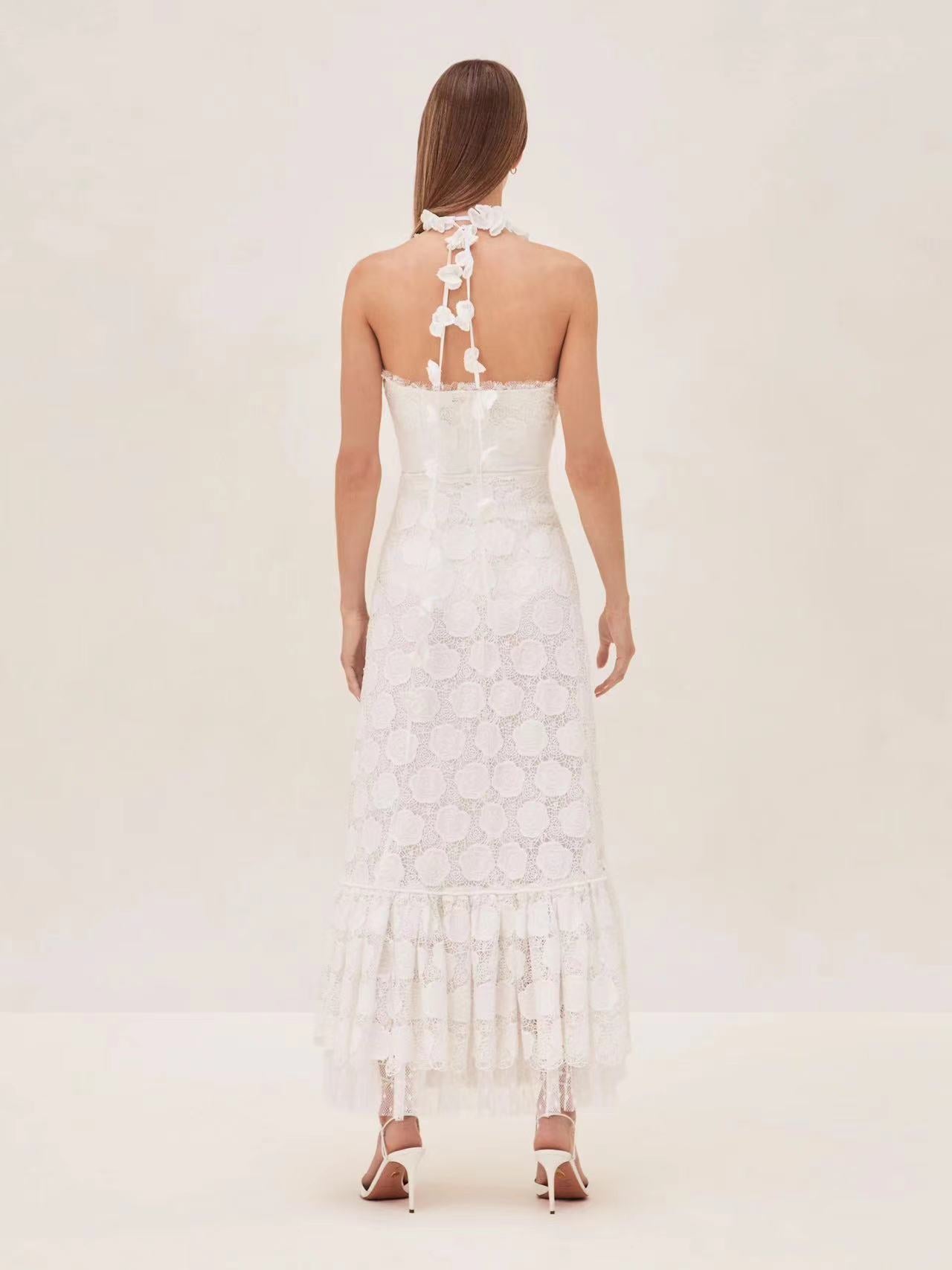 Niche 2024 Summer New Hanging Neck Design Hand Nail Flower Thoracic Hollow Long Dress Woman