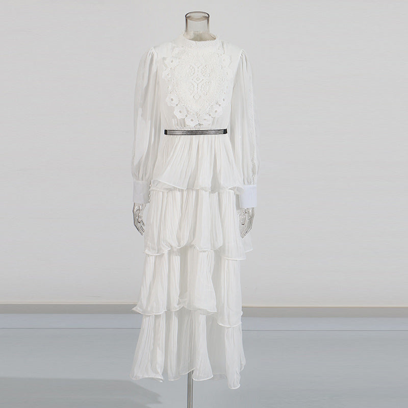 Lotus Leaf-Side Dress Spring 2025 New Temperament Elegant Embroidered Design Belt Long-Sleeved Dress