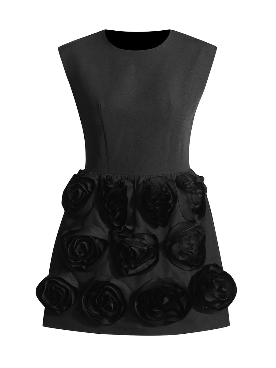 Temperament Elegant Style Dress 2025 Spring New Sleeveless Tie Spliced Three-Dimensional Flowers Short Dress Woman