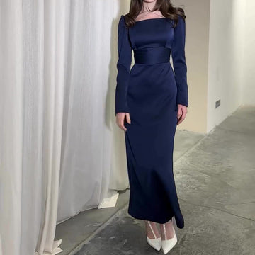 2024 New Women's High-End Slim Temperament Showing Lean Long Sleeves Pure Color Evening Dress Dress