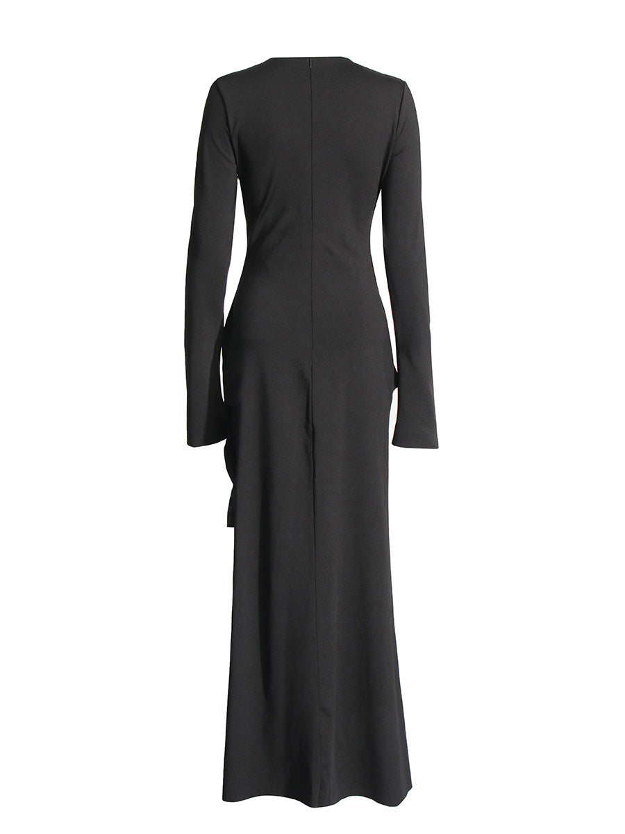 Temperament Gentle And Intellectual Wind 2025 Spring New Long Sleeve Asymmetric Fold Knitting Elastic Dress Dress Woman