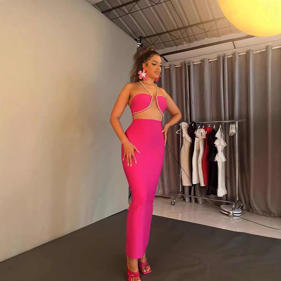 A Diamond Chain Hanging Neck Dress Sexy Breast-Wearing Hips Women's Bandage Evening Dress
