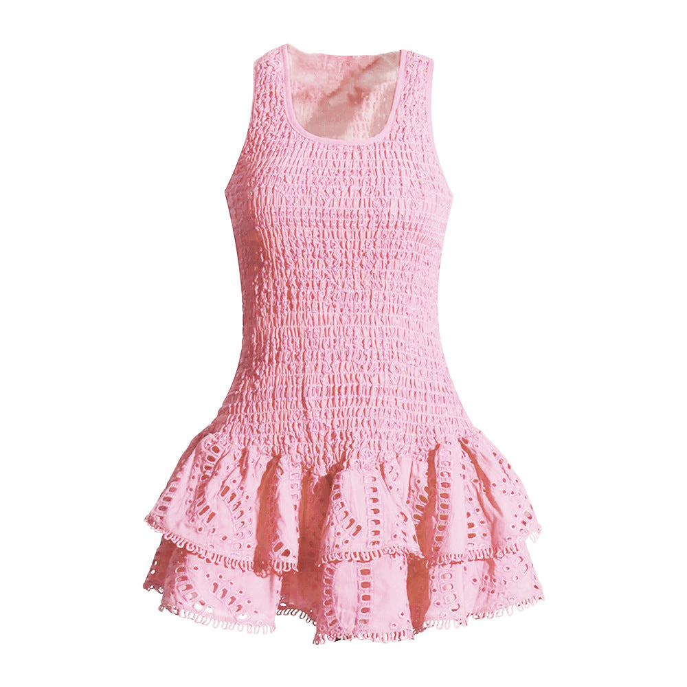 Summer Holiday Wind New U-Shaped Tie Design Super Short Lotus Edge Dress Woman