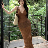 Temperament Hollow V Tie Sling Dress Women's Summer Dress Design Reveals Back Vacation Knitting Dress