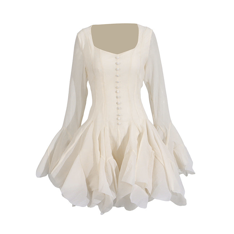 Fairy Dress 2025 New Square Collar Single Buckle Lotus Side Horn Sleeve Short Dress