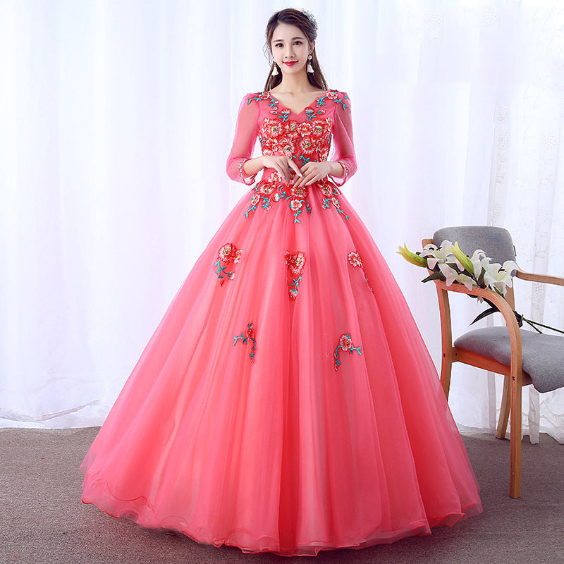 Yarn Performance Dress Women's Long-Sleeved Student Art College Evening Dress Vocal Fluffy Dress Thin Annual Meeting