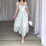 Women's Summer Strap Sling V Tie Floral Skirt High Waist Repair Temperament