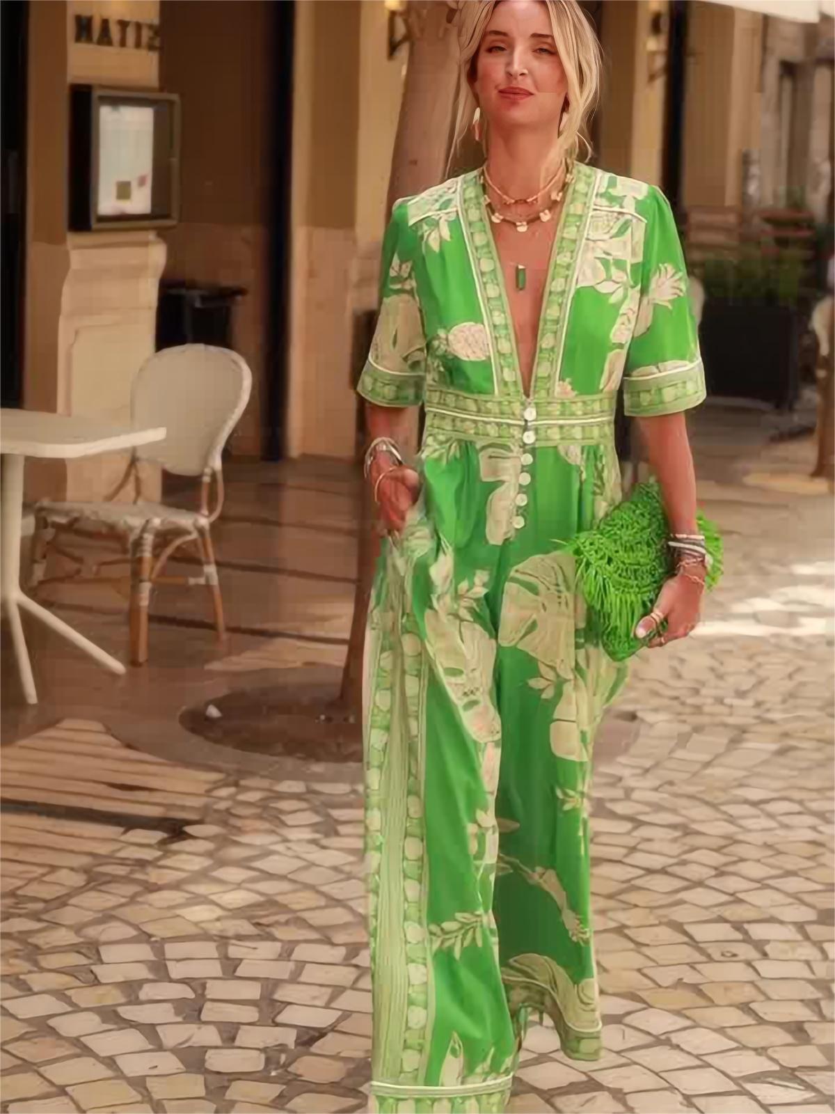 2024 New Fashion Women's Printed Jumpsuit V-Neck Short-Sleeved Woman