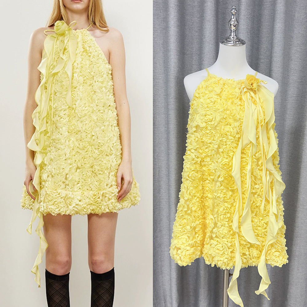 New Romantic Sweet Flowers With Hanging Neck Skirt Girl Temperament A-Character Dress