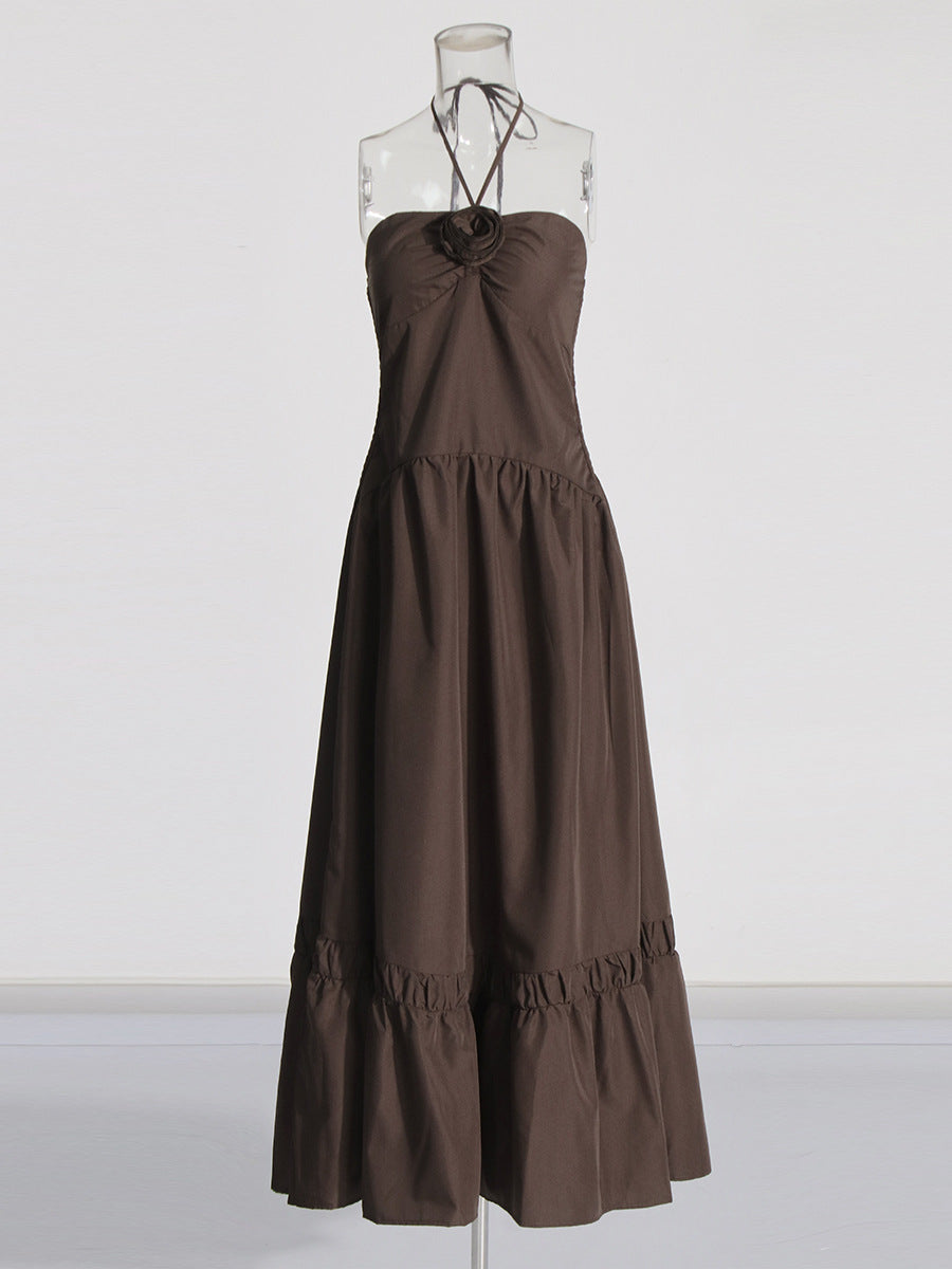 Temperament Gentle Wind 2025 Summer New Splicing Convex Flowers Decorated Hanging Neck Silk Dress Woman