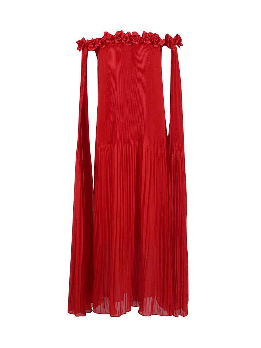 2025 New One-Word Three-Dimensional Flowers Splicing Shoulder Sexy Long Folding Long Folded Skirt Woman