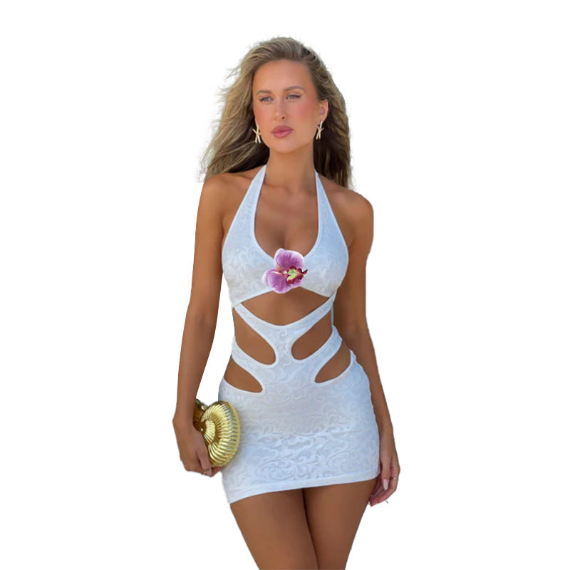Summer New Slingted Flowers Hollow Beach Bag Hip Skirt High-End Neck Holiday Skirt DJPT