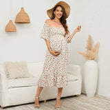 2025 New Summer Pregnant Woman Chiffon Dress Small Broken Floral Dress Short Sleeve Long Dress Maternity