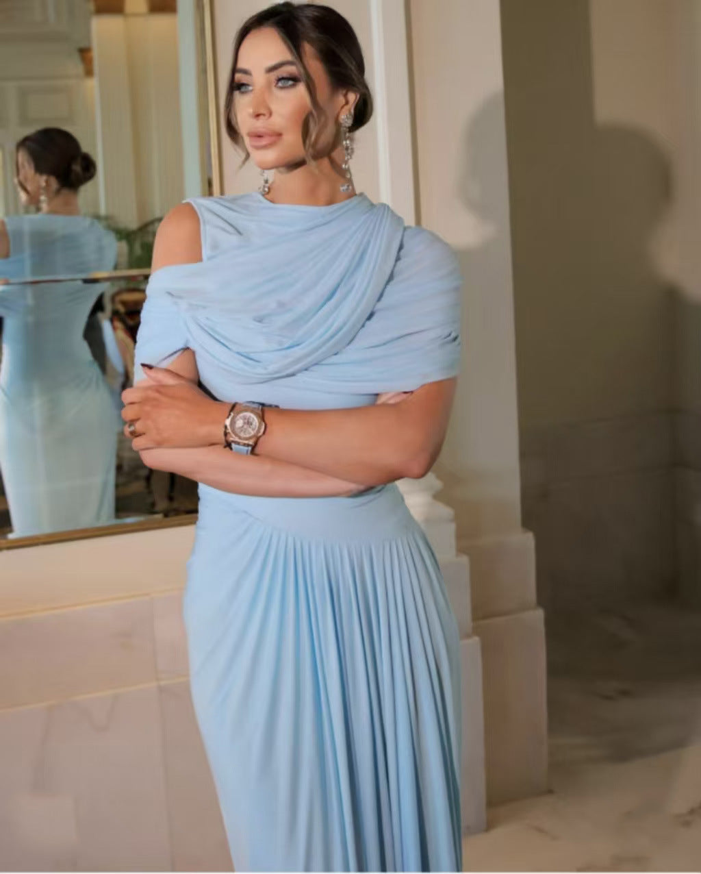 Spring And Summer Skin Retro Shawl Folding Feeling Straight Dress LX0139