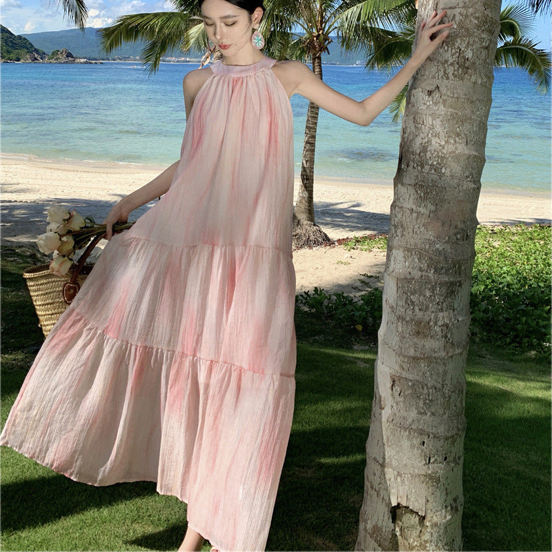 Hanging Neck Dress Women Summer Long Dress Small Pink Sleeveless Seaside Holiday Tie Dye Dress