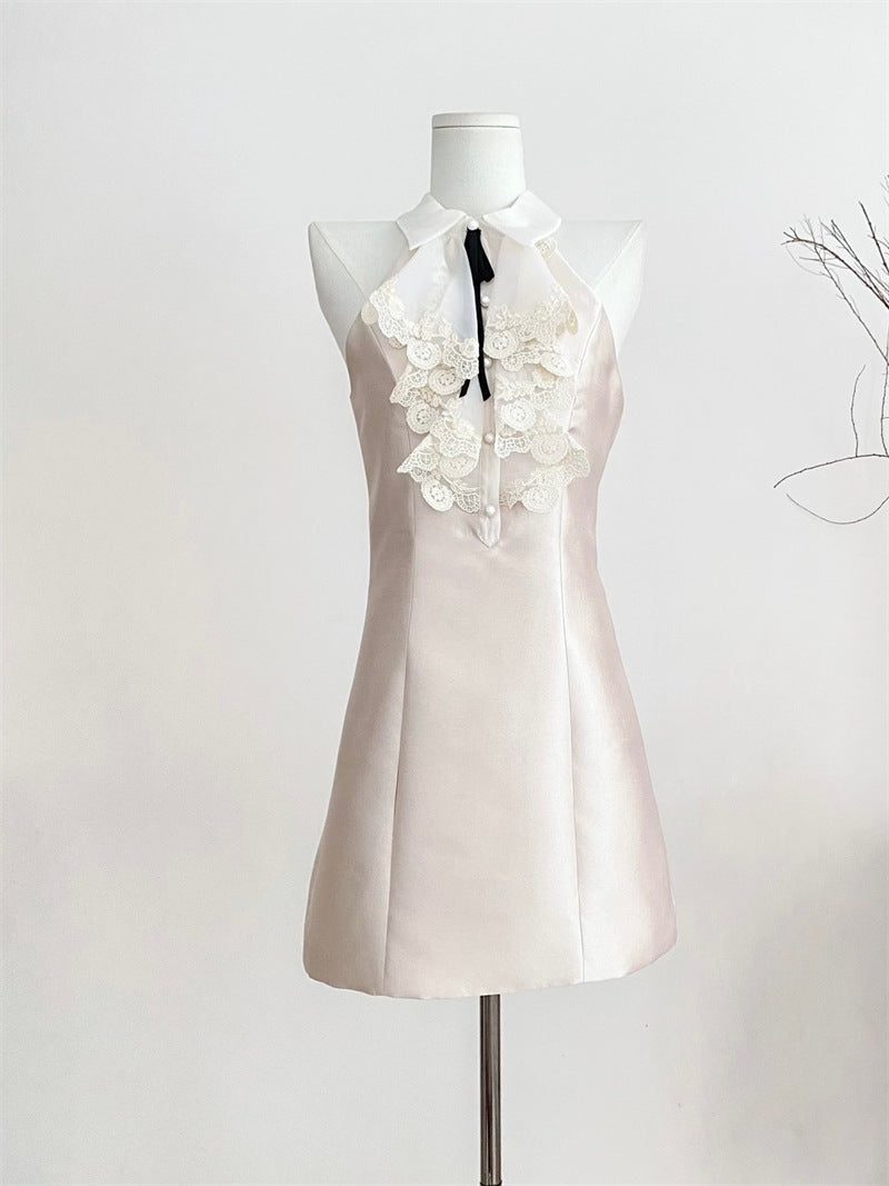 Luth's Same Thousand Gold Lace Hanging Neck Dress Female Summer Temperament Short Sleeveless Clame Skirt