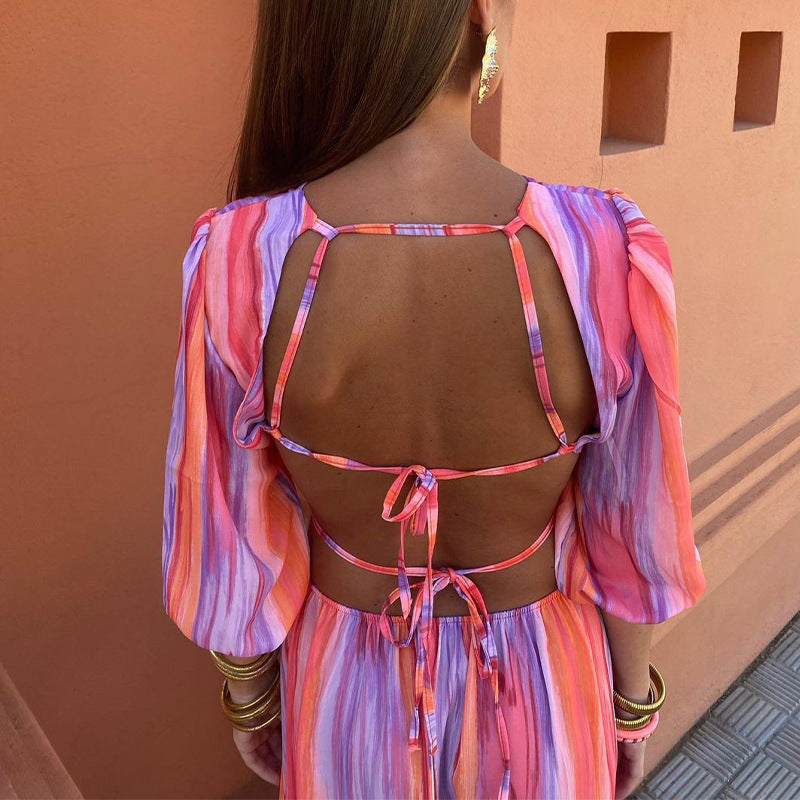 Women's Summer Collar Half-Sleeved Back Strap Sexy High-Waist Tie Dye Dress