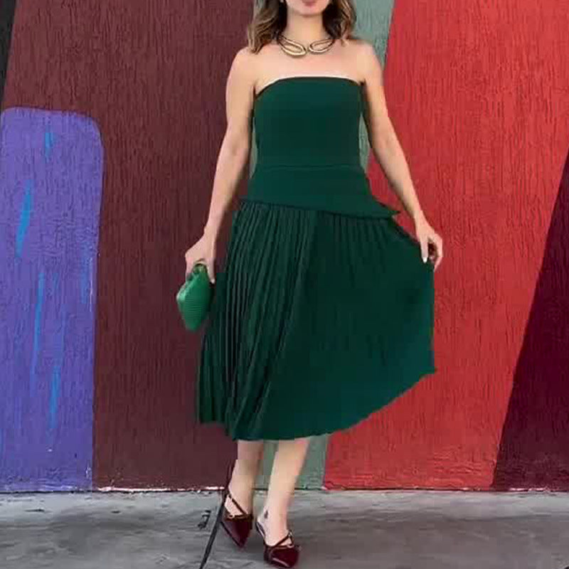 Summer New Fashion Elegant Sleeveless Breast Design 100 Rolls Solid Color Retro Long Dress