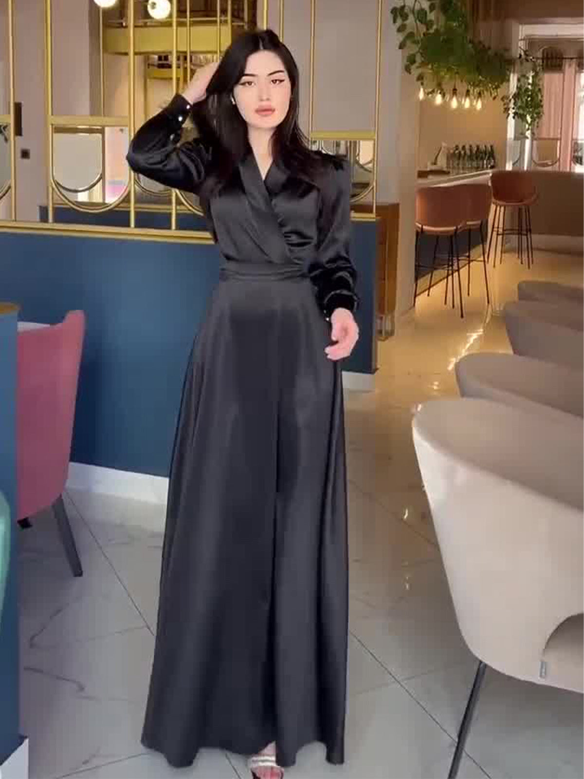 Temperament V-Neck 2024 Spring New Age Reduction Long-Sleeved Dress With Long-Sleeved