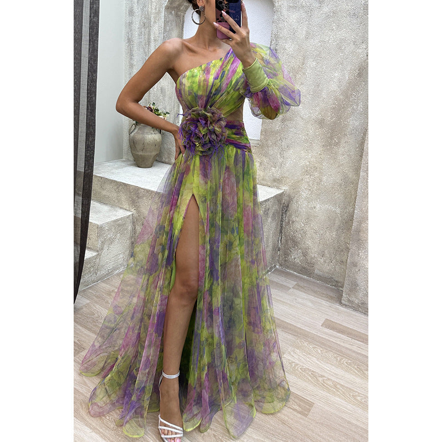 New Party Mesh Slanted Shoulder Dress INS Casual Fashion Dress Women HZ0628