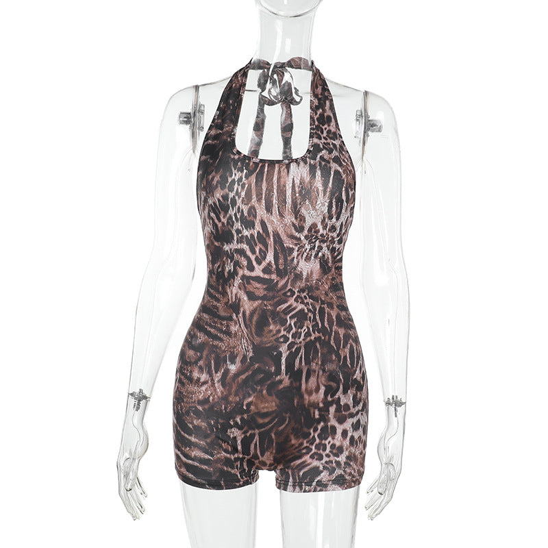 Summer New Leopard Print Hanging Neck V-Neck Fashion Hip Jumpsuit DJPT