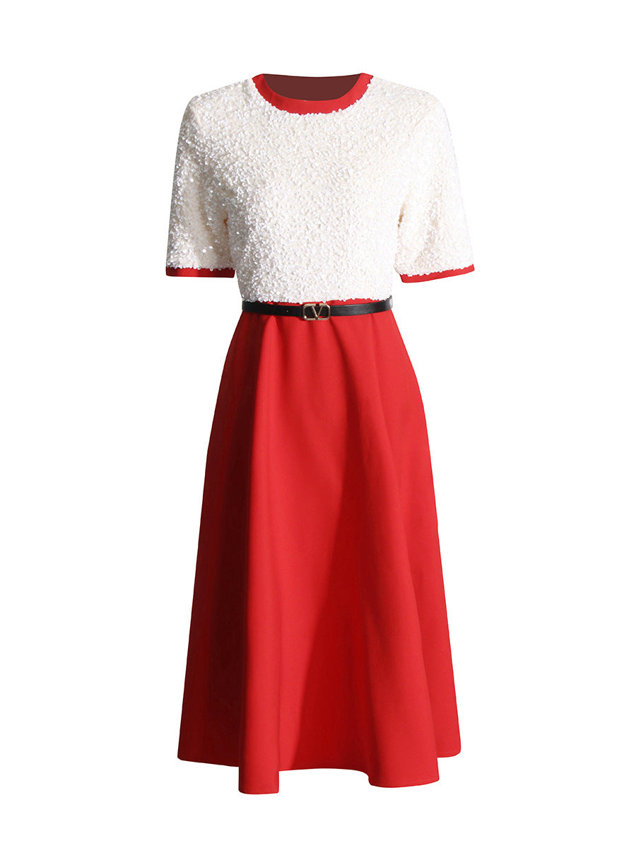 Elegant Wind 2025 Summer New Heavy Industry Embroidery Beads Design Fake Two Waist Dress Dress Dress