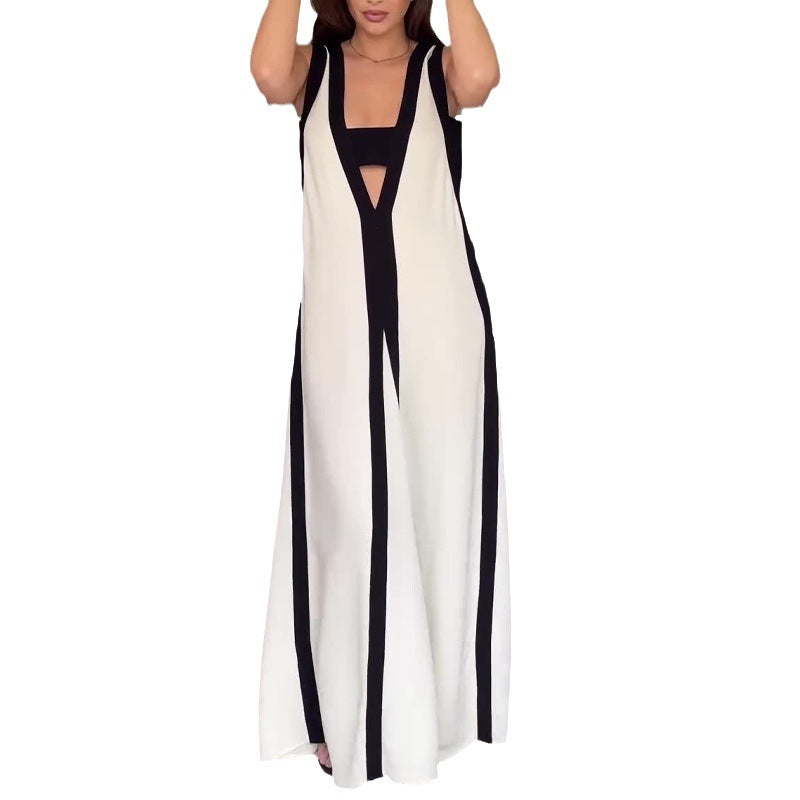 Women's Summer Sexy V-Neck Wide Shoulder Collsion Casual Dress