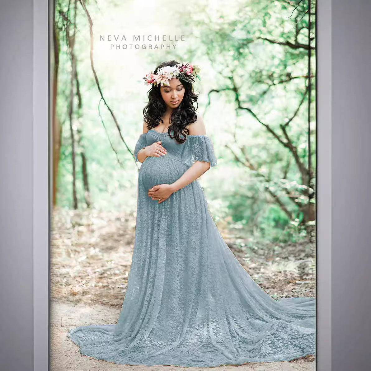 Women's Lace Pregnant Women Tail Short-Sleeved Dress Photography Flying Sleeve Dress 8919 (Special Price) Maternity
