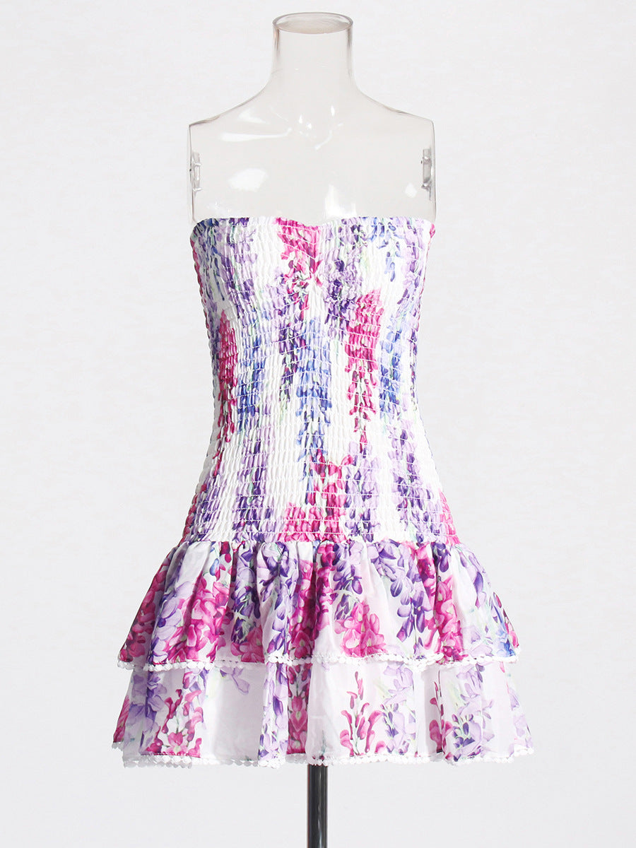 Holiday Style Dress 2025 Summer New Breast-Print Body-Wearing Short Skirt Girl With Lotus Leaf Side