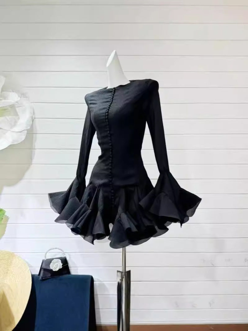 A-Word Puffed Dress Vietnamese Niche Autumn Collared Horn Sleeves Single-Clip-Enveheded Butbum Skirt Skirt