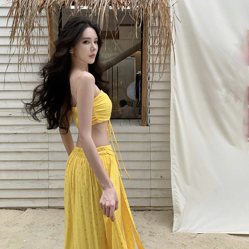 Seaside Resort Style Sexy Folded Blouse Blouse Swing Half-Dressed Two-Piece Suit Woman