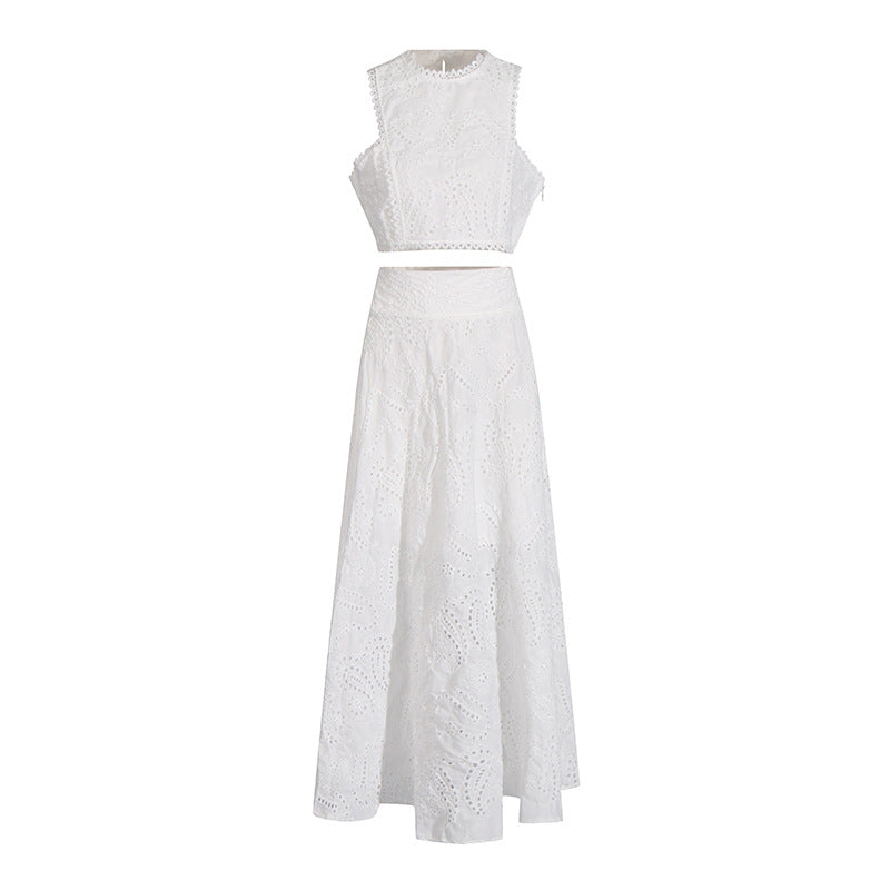Holiday Wind 2025 New Round Collarless Bare Waist Vest High Waist Half-Dress Embroidered Two Sets Of Women