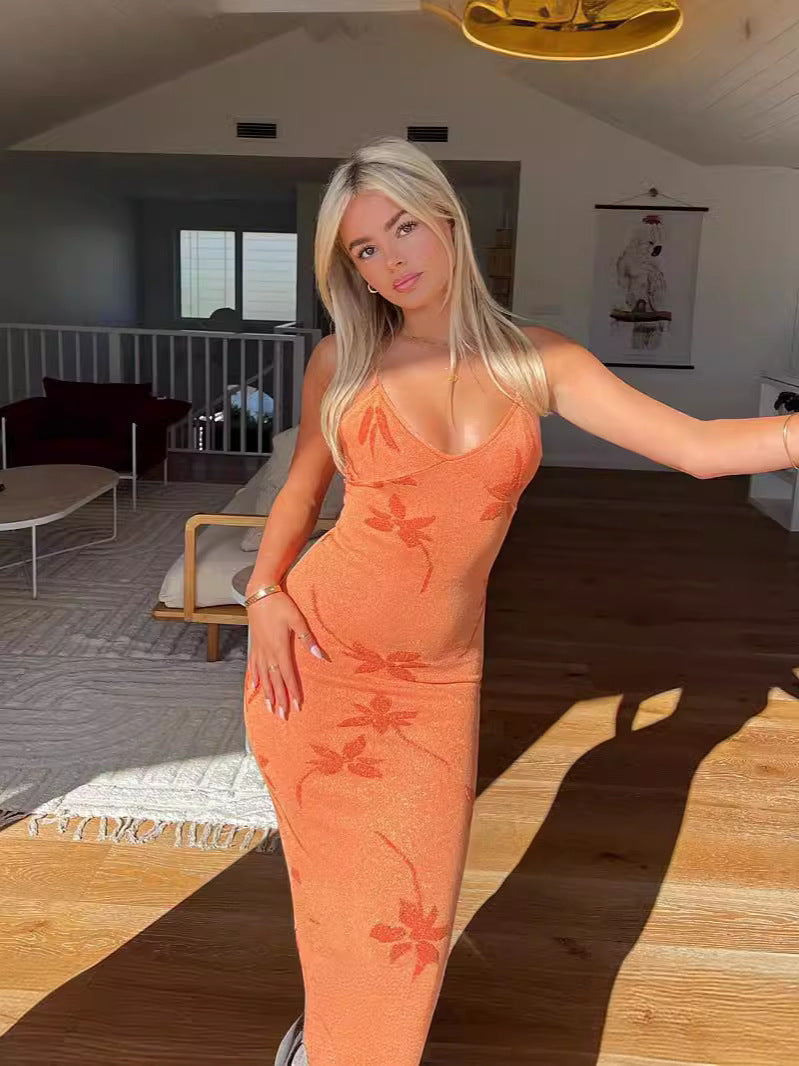 Summer New Printed Sexy Knitting Slimming Low-Chests With Thin Slings Long Dress DJPT