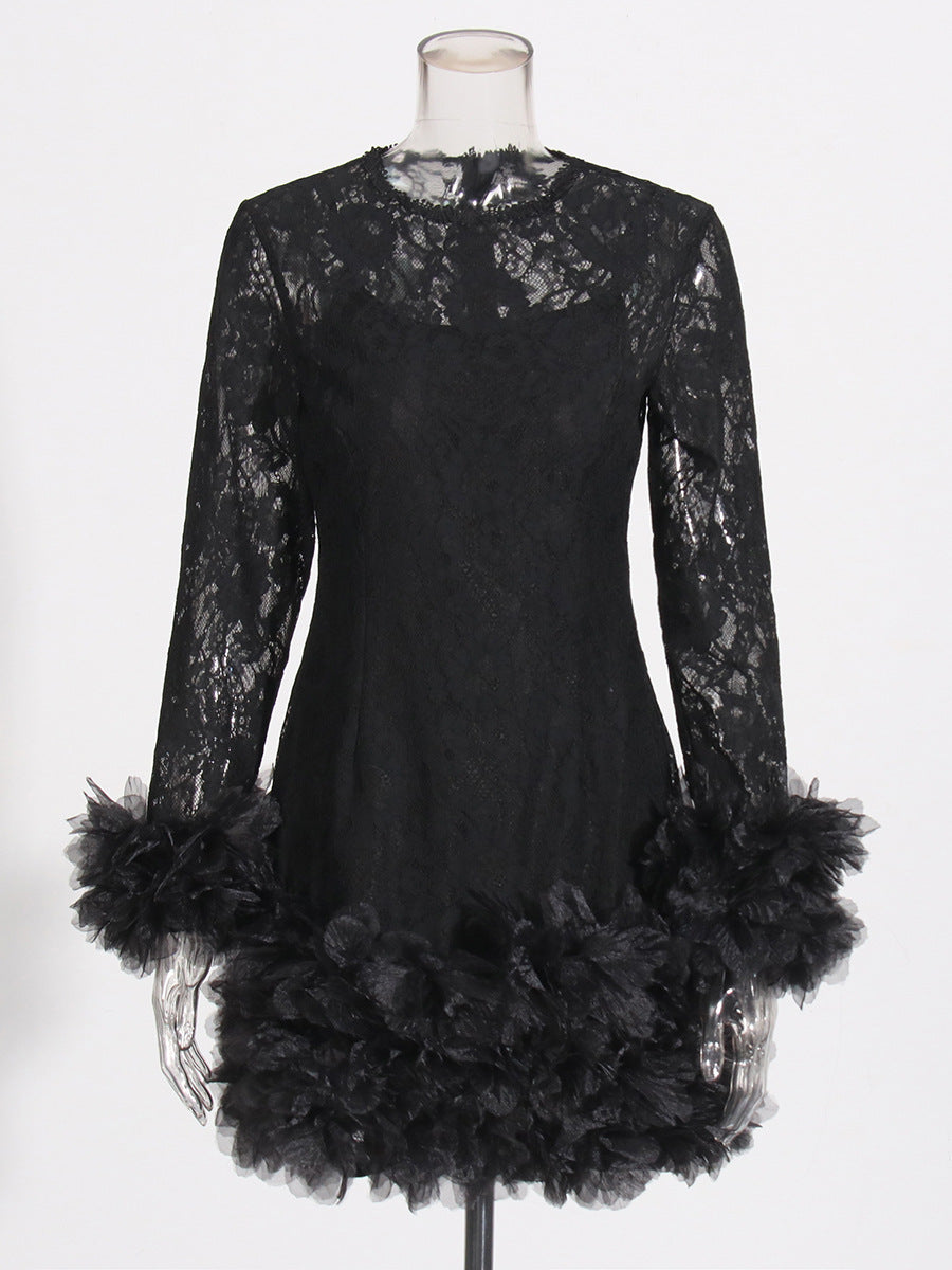 Senior Sense Dress Woman 2025 Summer New Lace Collar Splicing Mesh Long Sleeve Short Dress Women's Dress