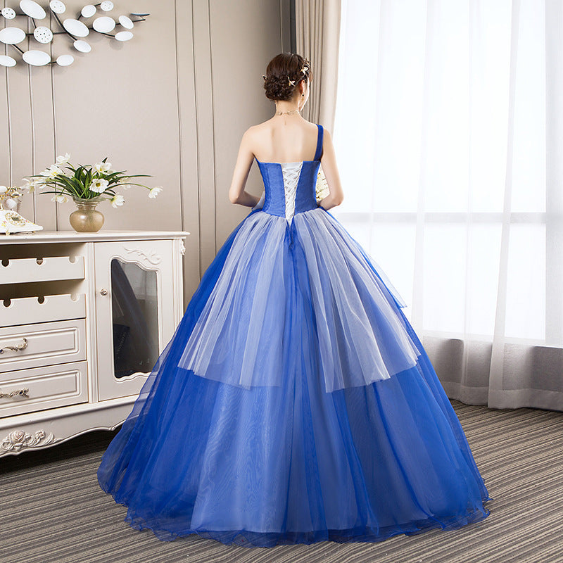 2025 New Blue Stage Performance Suit Ponpong Skirt Photo One-Shoulder Evening Dress Yarn