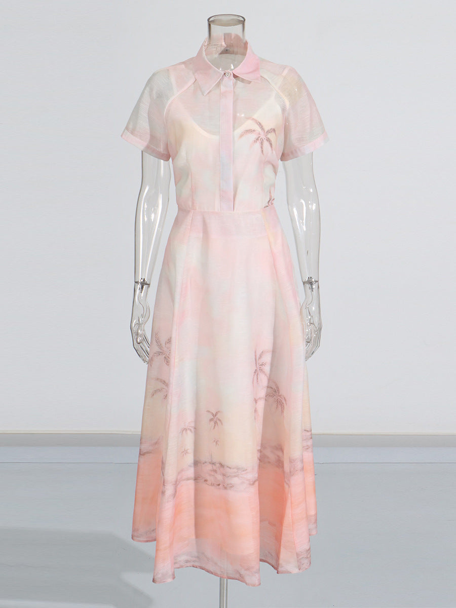2025 Summer New V-Neck Print Short-Sleeved Shirt + High-Rise Half-Dress Suit Woman