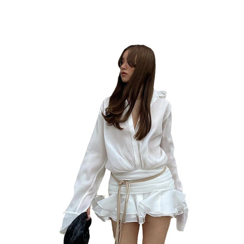 High-End Feel-Leaf White V-Neck Thin Shirt Dress For Women's Spring 2024 Fairy Babes